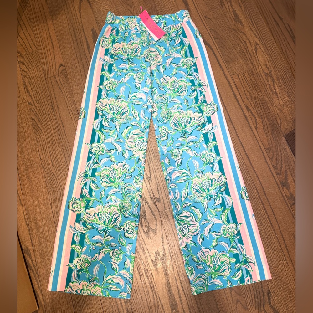 Lilly Pulitzer NWT SzXXS Blue and Green Floral Harbour Palazzo Pants- fun!!